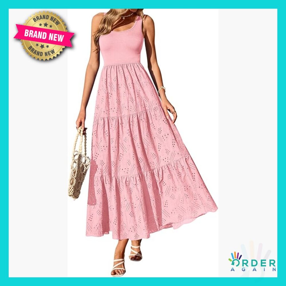 Eyelet Midi Dress Sleeveless A-Line Flowy Casual Elegant Wedding Guest